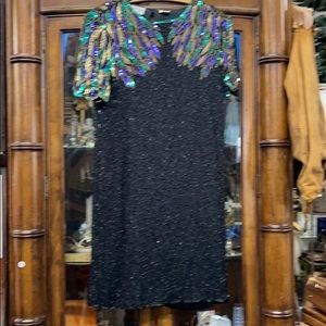 Vtg lined beaded silk evening dress vtg sz 16 blk